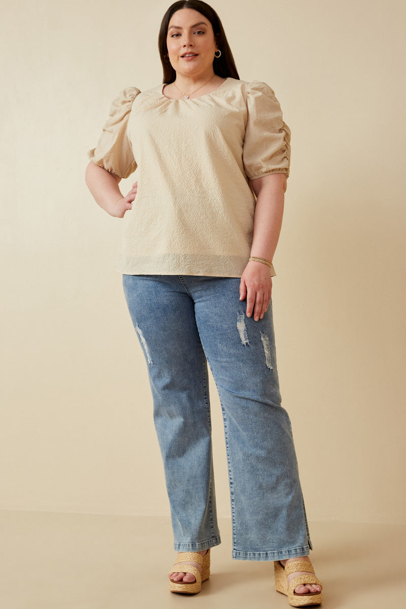 HK1893W Beige Plus Seersucker Textured Puff Sleeve Top Full Body