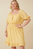 Plus Ditsy Print Button Detail Square Neck Puff Sleeve Dress Front