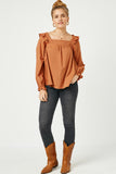 HN4008 BROWN Womens Ruffle Shoulder Square Neck Long Sleeve Top Full Body