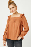 HN4008 BROWN Womens Ruffle Shoulder Square Neck Long Sleeve Top Front
