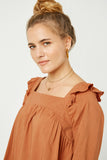 HN4008 BROWN Womens Ruffle Shoulder Square Neck Long Sleeve Top Detail
