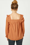 HN4008 BROWN Womens Ruffle Shoulder Square Neck Long Sleeve Top Back