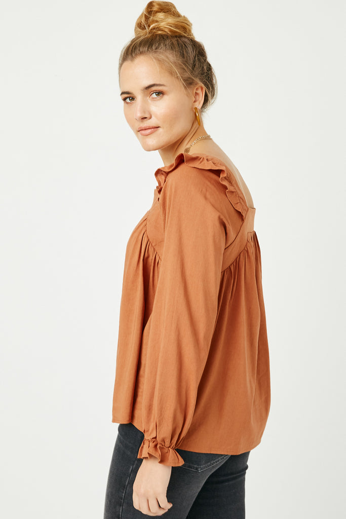 HN4008 BROWN Womens Ruffle Shoulder Square Neck Long Sleeve Top Side