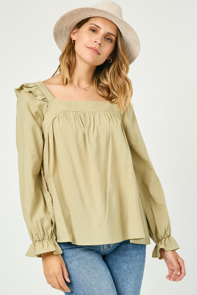 HN4008 SAGE Womens Ruffle Shoulder Square Neck Long Sleeve Top Front