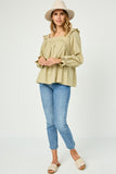 HN4008 SAGE Womens Ruffle Shoulder Square Neck Long Sleeve Top Full Body