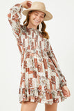 HN4118 RUST Womens Paisley Patchwork Print Smocked Dress Front