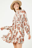 HN4118 RUST Womens Paisley Patchwork Print Smocked Dress Side
