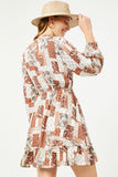 HN4118 RUST Womens Paisley Patchwork Print Smocked Dress Back