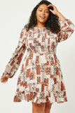 HN4118W RUST Plus Paisley Patchwork Print Smocked Dress Front