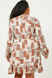 HN4118W RUST Plus Paisley Patchwork Print Smocked Dress Back