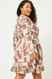 HN4118W RUST Plus Paisley Patchwork Print Smocked Dress Side