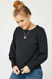 HN4155 BLACK Womens Textured Rib Exaggerated Cuff Knit Top Front