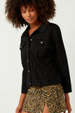 HN4256 BLACK Womens Slouchy Fit Stretch Raw Edge Detail Colored Denim Jacket Side