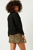 HN4256 BLACK Womens Slouchy Fit Stretch Raw Edge Detail Colored Denim Jacket Back