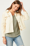 HN4256 CREAM Womens Slouchy Fit Stretch Raw Edge Detail Colored Denim Jacket Front