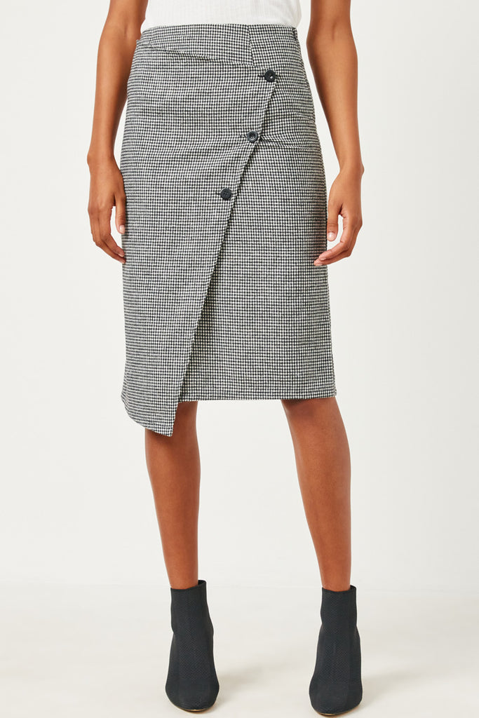 HN4307 BLACK Womens Button Detail Checker Print Wrap Midi Skirt Front
