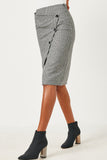 HN4307 BLACK Womens Button Detail Checker Print Wrap Midi Skirt Side