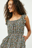HY2650 Black Womens Ditsy Floral Ruffle Sleeveless Dress Close Up