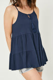 HY2685 Navy Womens Tiered Texture Knit Sleeveless Tassel Top Front