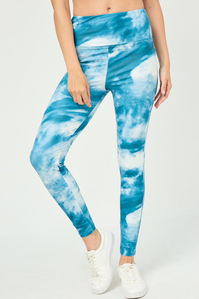 HY2913 BLUE Womens Washed Dye Look Active Leggings Front
