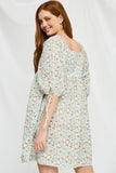 HY2988 BLUE Womens Tie Sleeve Square Neck Floral Tunic Dress Back