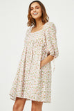 HY2988 PINK Womens Tie Sleeve Square Neck Floral Tunic Dress Side