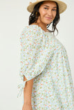 HY2988W BLUE Plus Tie Sleeve Square Neck Floral Tunic Dress Detail