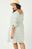 HY2988W BLUE Plus Tie Sleeve Square Neck Floral Tunic Dress Back