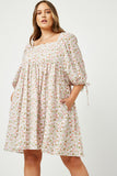 HY2988W PINK Plus Tie Sleeve Square Neck Floral Tunic Dress Front