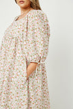 HY2988W PINK Plus Tie Sleeve Square Neck Floral Tunic Dress Detail