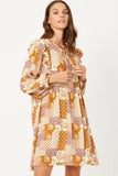 HY5058 MUSTARD Womens Patch Print Ruffled Shoulder Tie Neck Long Sleeve Dress Front