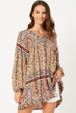 HY5096 TAUPE Womens Floral Border Print Long Sleeve Surplice Tunic Front