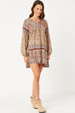 HY5096 TAUPE Womens Floral Border Print Long Sleeve Surplice Tunic Side