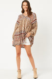 HY5096 TAUPE Womens Floral Border Print Long Sleeve Surplice Tunic Full Body