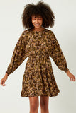 HY5105 OLIVE Womens Printed Dolman Sleeve Tiered Skirt Dress Front