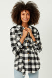 HY5152 BLACK Womens Plaid Belted Long Length Shacket Front