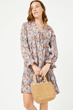 HY5222 BLUE Womens V Neck Long Sleeve Cinched Cuff Floral Dress Front