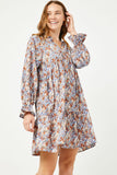HY5222 BLUE Womens V Neck Long Sleeve Cinched Cuff Floral Dress Side