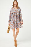 HY5222 BLUE Womens V Neck Long Sleeve Cinched Cuff Floral Dress Full Body