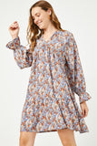 HY5222 BLUE Womens V Neck Long Sleeve Cinched Cuff Floral Dress Detail