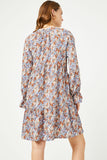 HY5222 BLUE Womens V Neck Long Sleeve Cinched Cuff Floral Dress Back