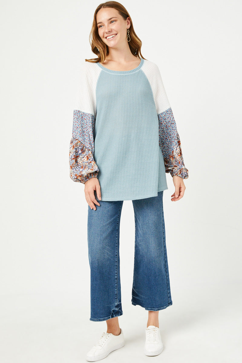 HY5223 BLUE Womens Floral Block Contrast Sleeve Waffle Knit Top Full Body