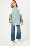 Womens Floral Block Contrast Sleeve Waffle Knit Top