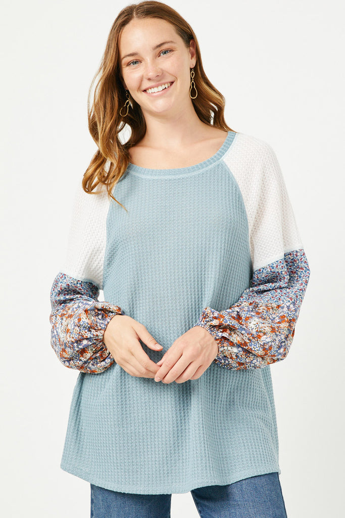 HY5223 BLUE Womens Floral Block Contrast Sleeve Waffle Knit Top Front