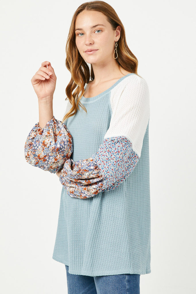 HY5223 BLUE Womens Floral Block Contrast Sleeve Waffle Knit Top Side