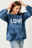 HY5389 BLUE Womens Love Print Garment Washed Long Sleeve Top Front