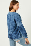 HY5389 BLUE Womens Love Print Garment Washed Long Sleeve Top Back