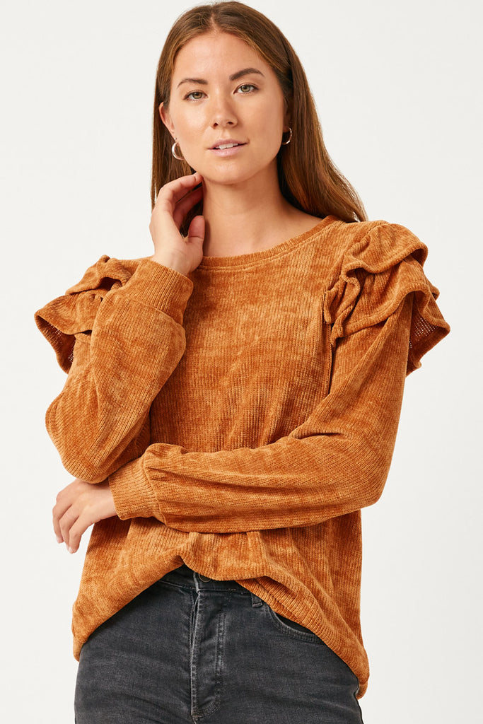 HY5410 CAMEL Womens Chenille Knit Ruffled Shoulder Top Front