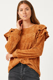 Womens Chenille Knit Ruffled Shoulder Top