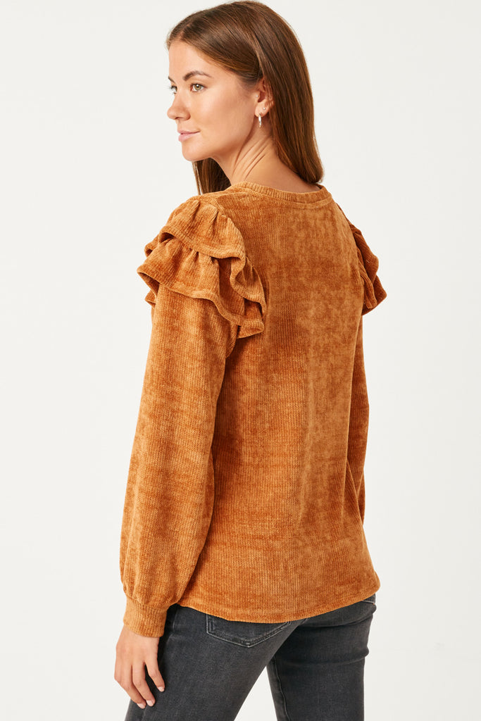 HY5410 CAMEL Womens Chenille Knit Ruffled Shoulder Top Back